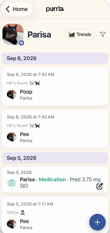 A cat's event timeline in the Purrla app, showing bathroom events and a logged medication
