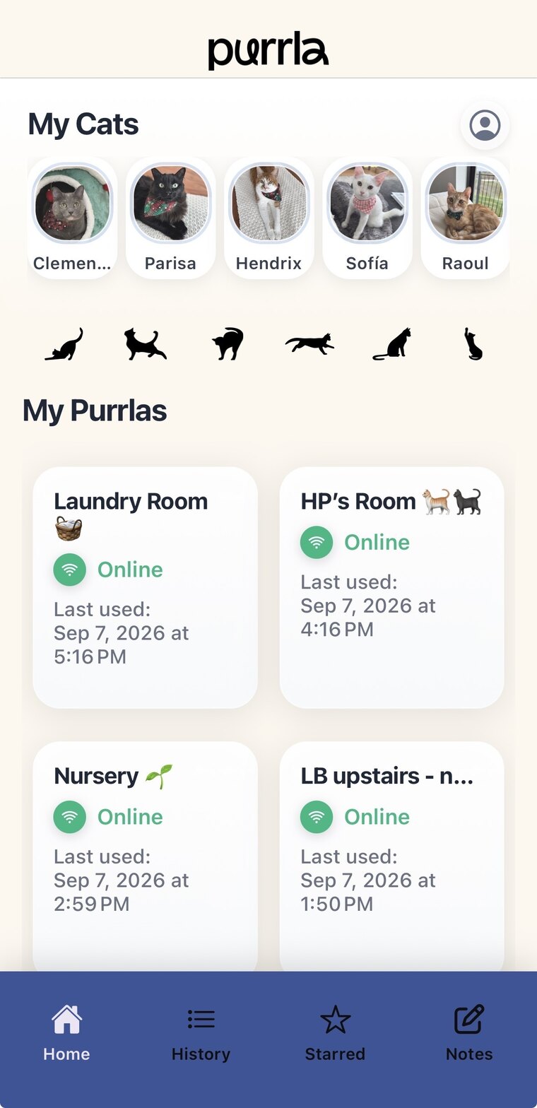 The Purrla app home screen, listing five cats and four Purrla cameras that are online