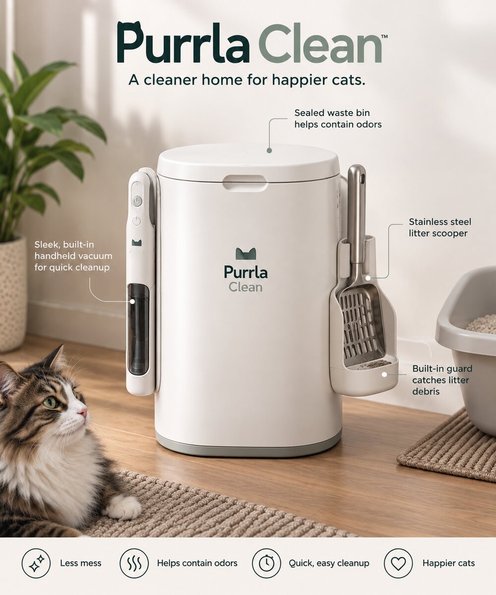 The Purrla Clean Station, labelled to show its sealed waste bin, stainless steel scooper and built-in handheld vacuum