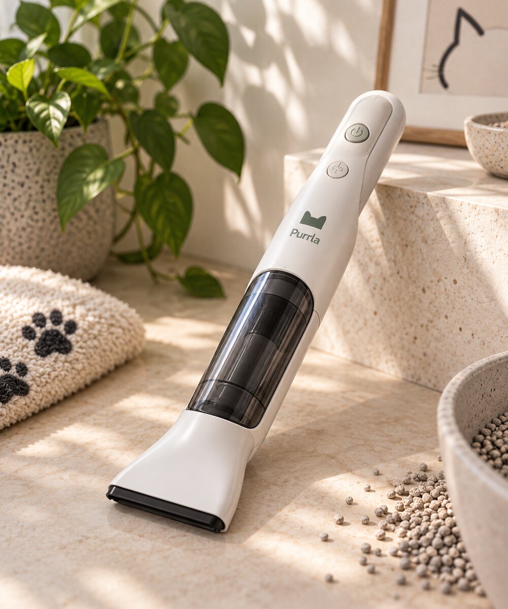 The Clean Station&rsquo;s rechargeable handheld vacuum picking up litter scattered beside a mat