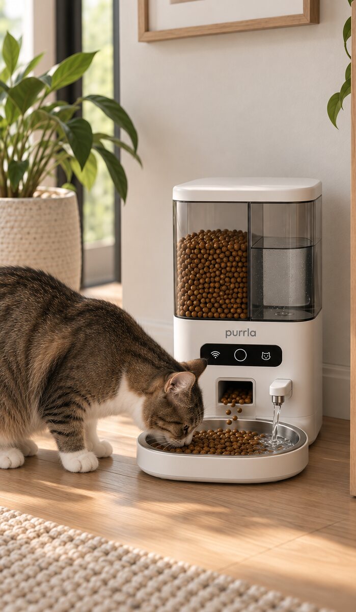 A cat eating from the Purrla Smart Hydrating Feeder, which dispenses kibble and water into the same bowl
