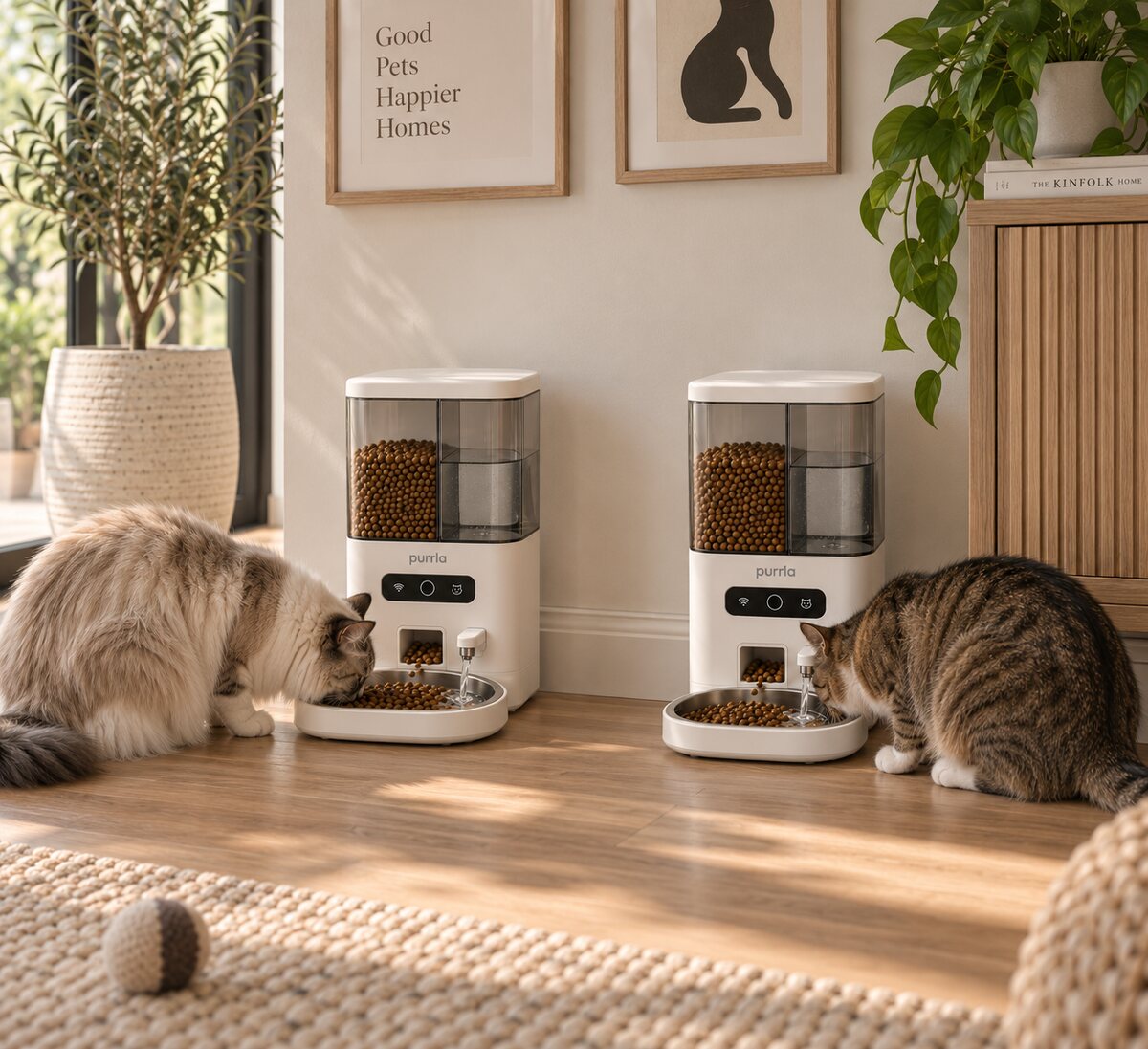 Two cats eating from a pair of Purrla Smart Hydrating Feeders