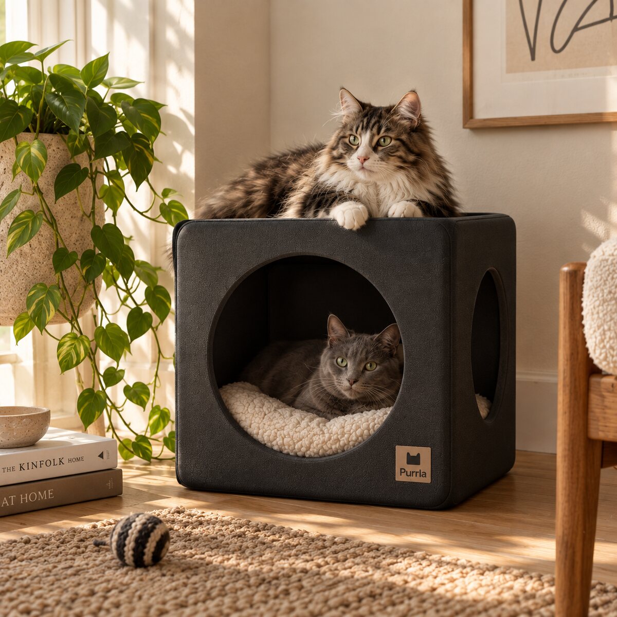 Two cats resting in and on a charcoal Purrla Pod