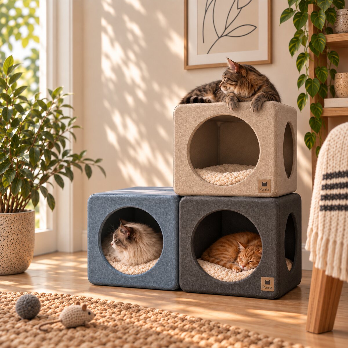 Purrla Pods stacked two high in tan and blue, with a cat in each