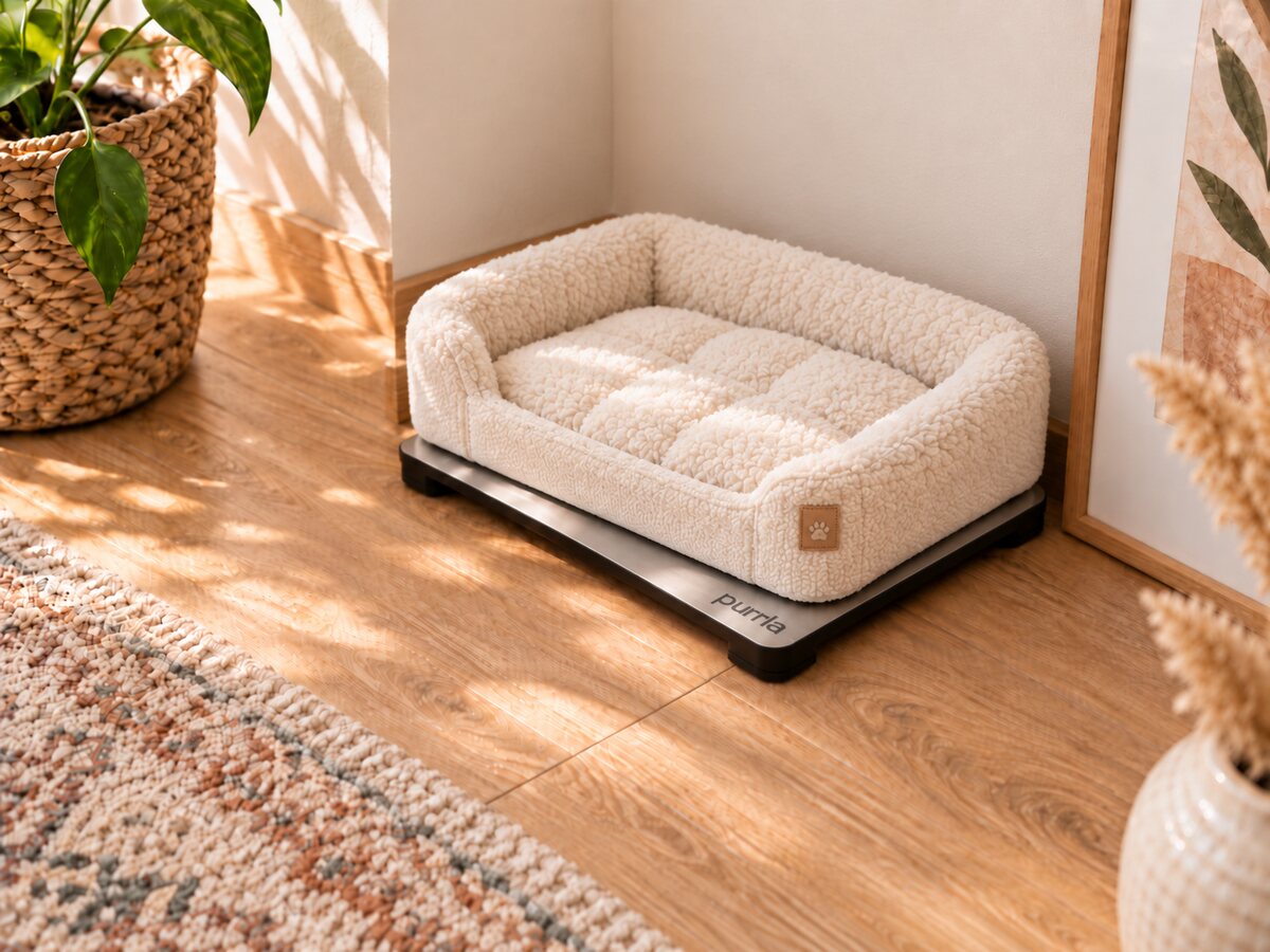 A cat bed sitting on top of the Purrla Smart Scale