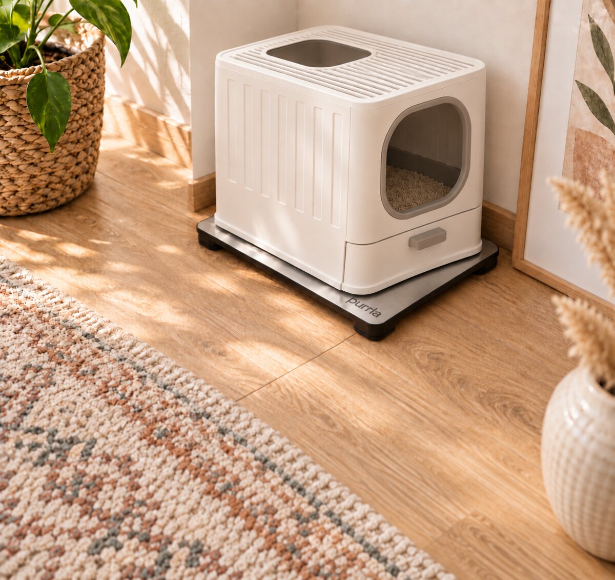 An enclosed litter box sitting on top of the Purrla Smart Scale