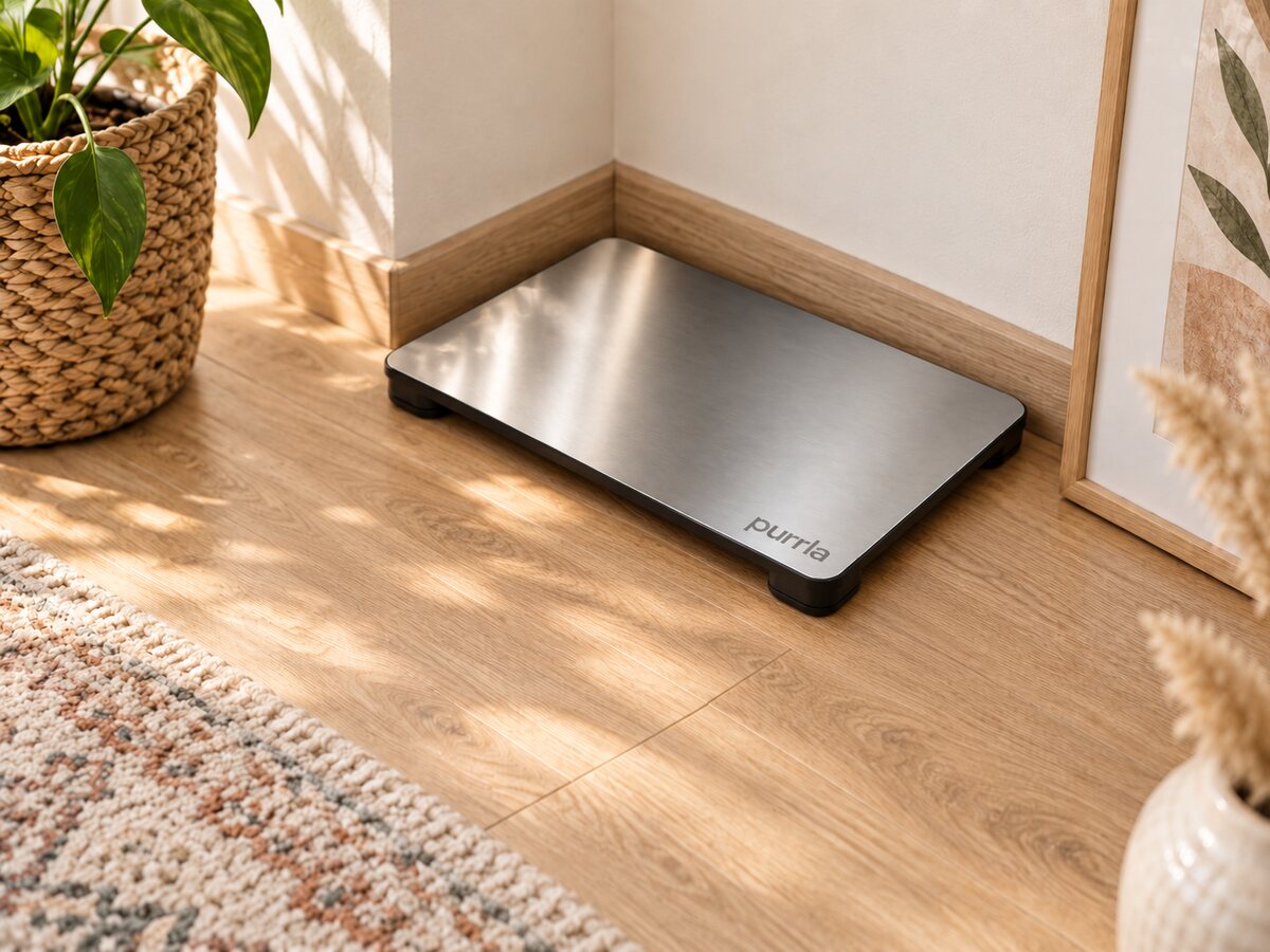 The Purrla Smart Scale, a wide low-profile weighing platform, on a wood floor