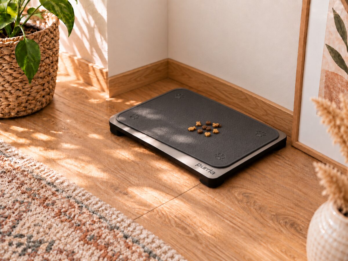 A few treats placed on the Purrla Smart Scale to encourage a cat to step on